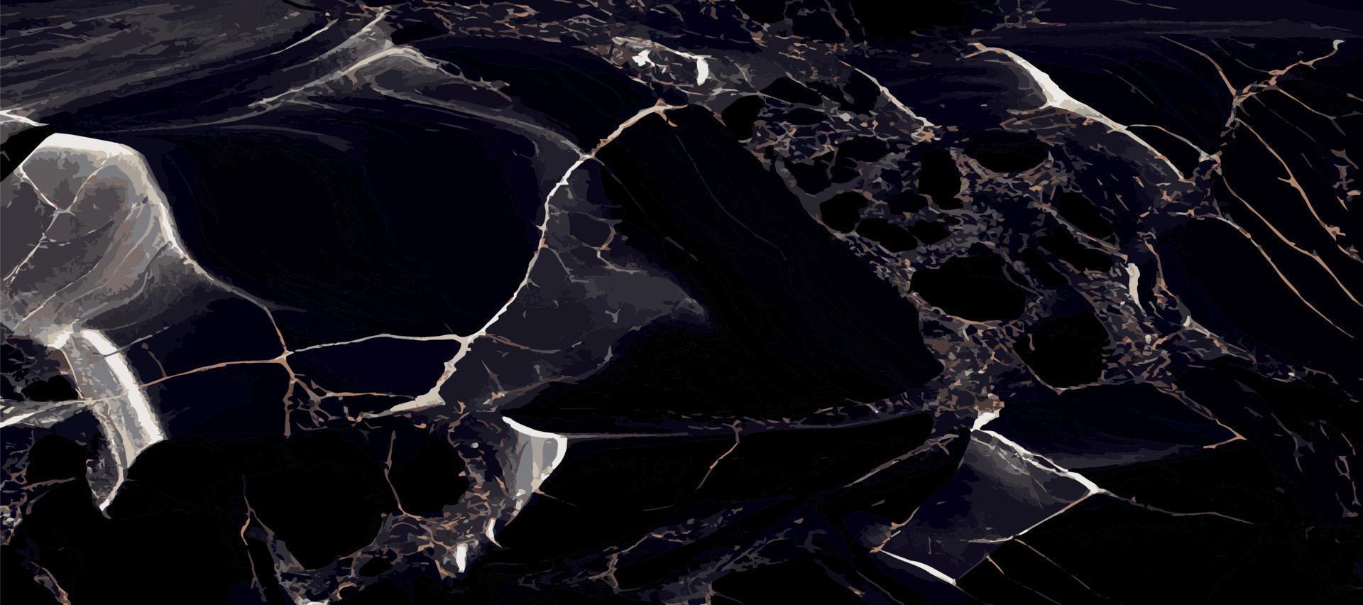 Black marble panoramic texture design, colorful dark marble surface, curved golden lines, bright abstract background design - Vector