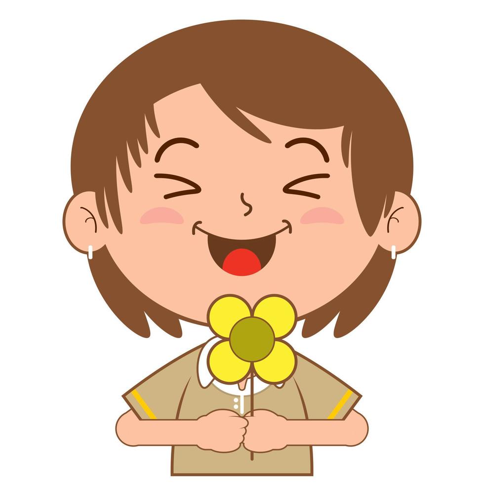 girl holding flower happy face cartoon cute vector