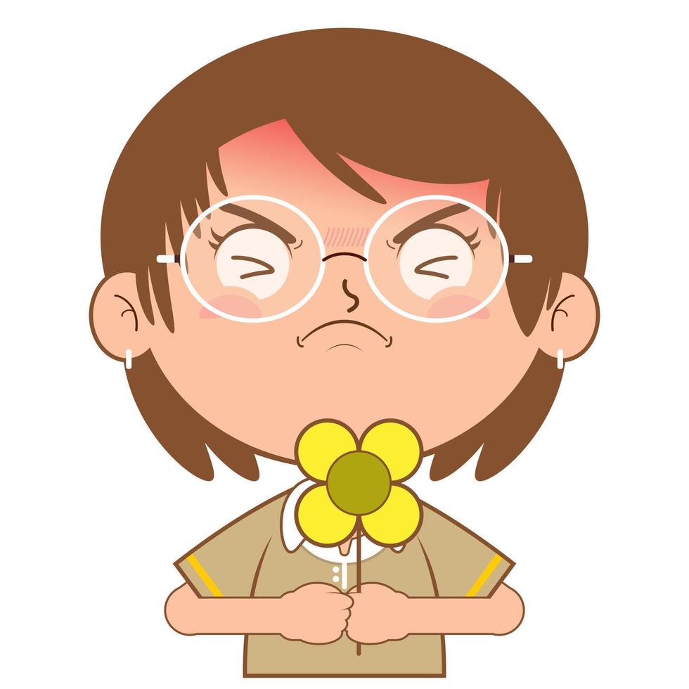 girl holding flower hurt face cartoon cute vector