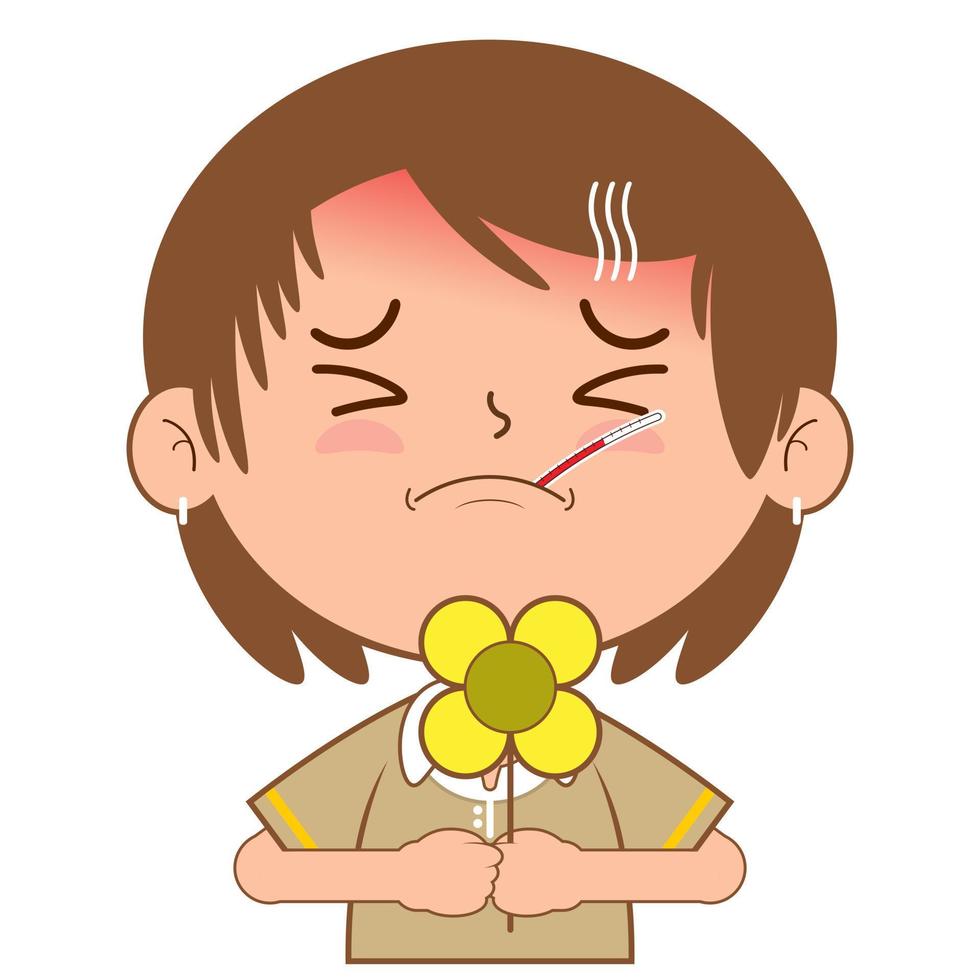 girl holding flower sick face cartoon cute vector