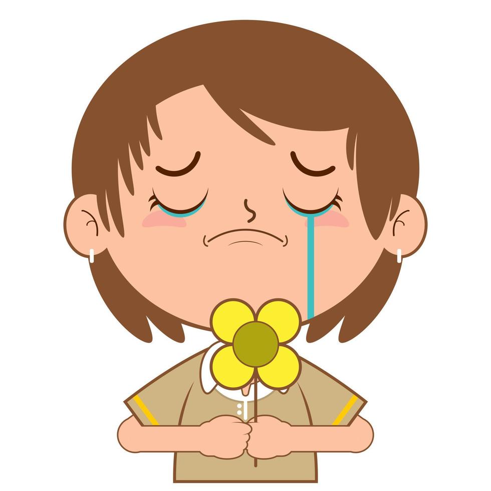 girl holding flower crying face cartoon cute vector