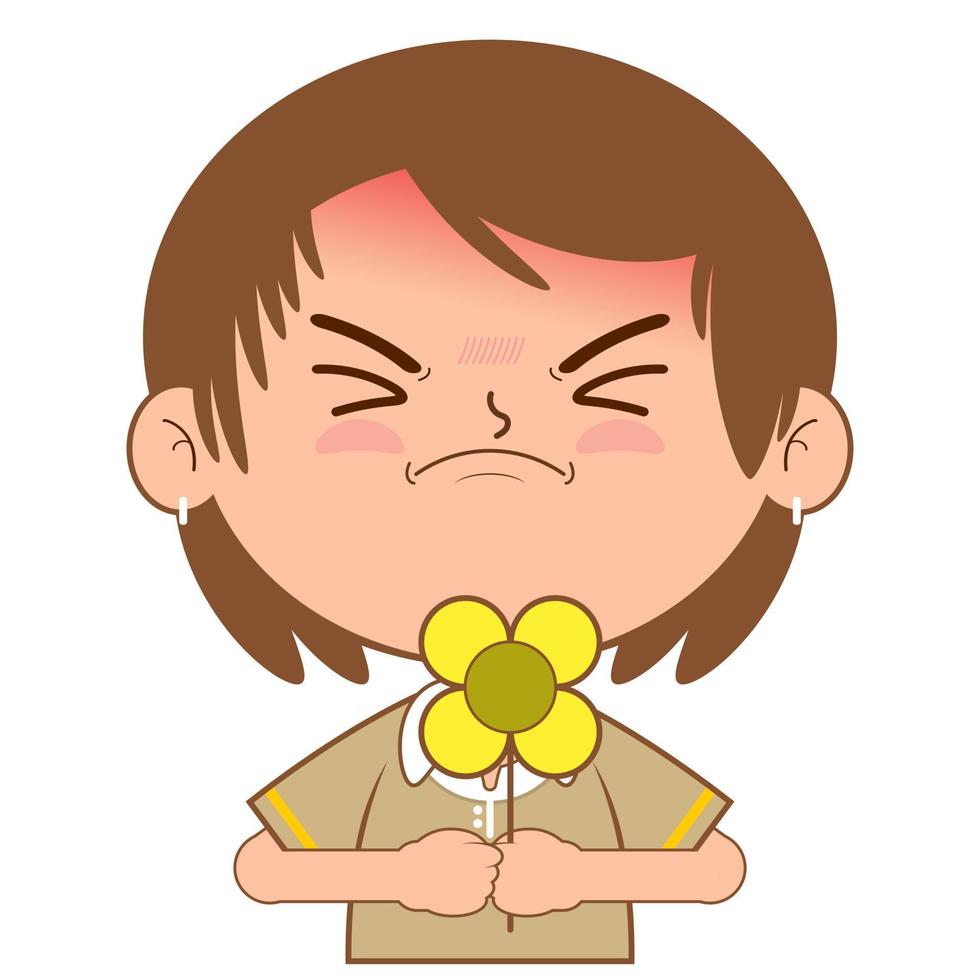 girl holding flower hurt face cartoon cute vector