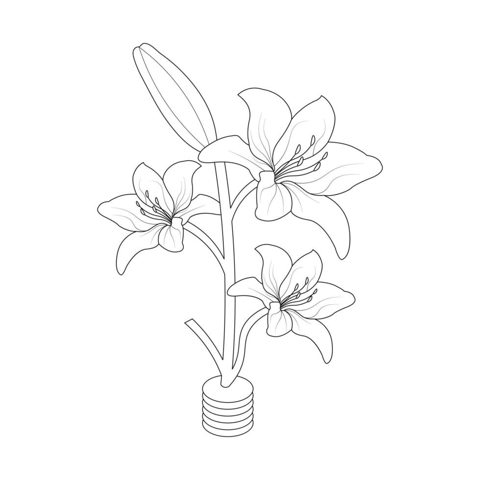 Lily Flower Coloring Page And Book Hand Drawn Line Art Illustration vector