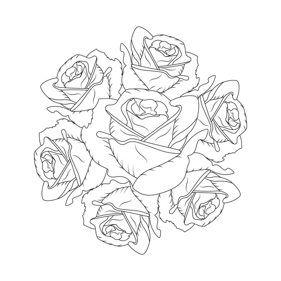 Rose Flower Coloring Page And Book Hand Drawn Line Art Illustration Beautiful Flower Black And White Drawing Vector