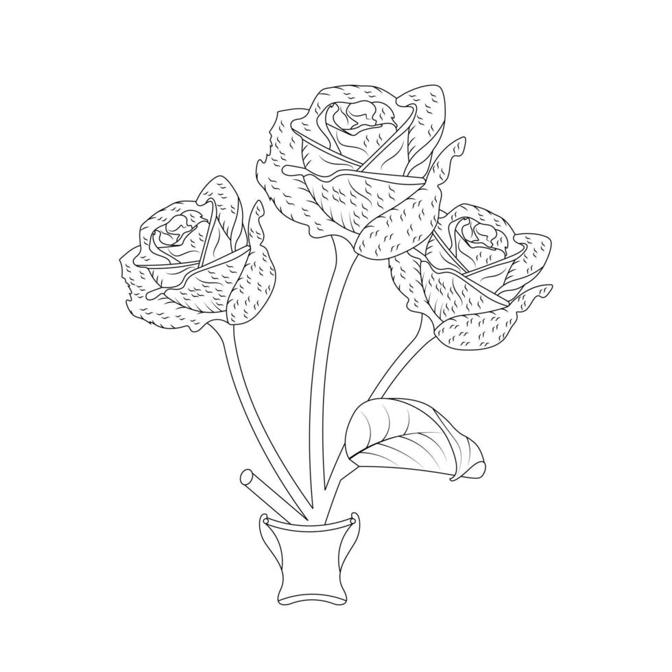 Rose Flower Coloring Page And Book Hand Drawn Line Art Illustration Beautiful Flower Black And White Drawing Vector