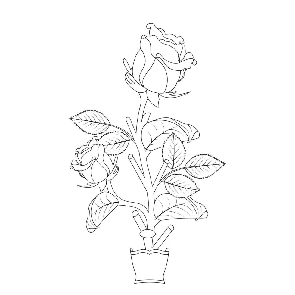 Rose Flower Coloring Page And Book Hand Drawn Line Art Illustration