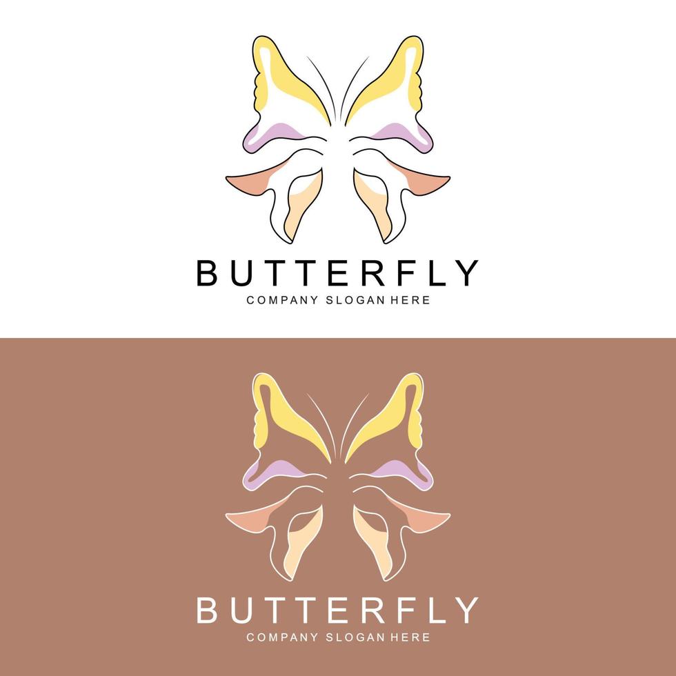 diseño de logotipo de mariposa, hermoso animal volador, ilustración de icono de marca de empresa, serigrafía, salón vector