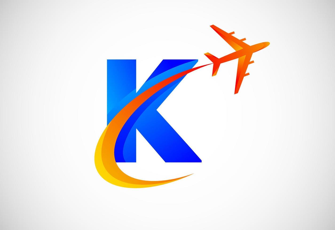 Initial K alphabet with a swoosh and airplane logo design. Suitable for travel companies or business vector