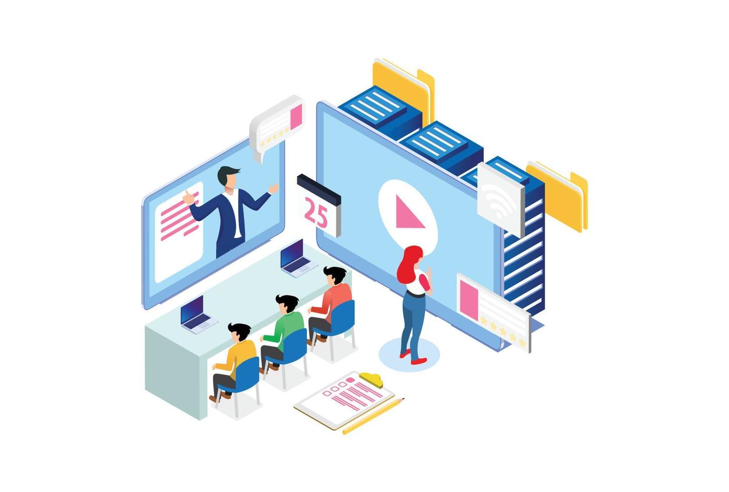 Modern Isometric Smart cloud technology-based online learning Technology Illustration, Suitable for Diagrams, Infographics, Book Illustration, Game Asset, And Other Graphic Related Assets vector