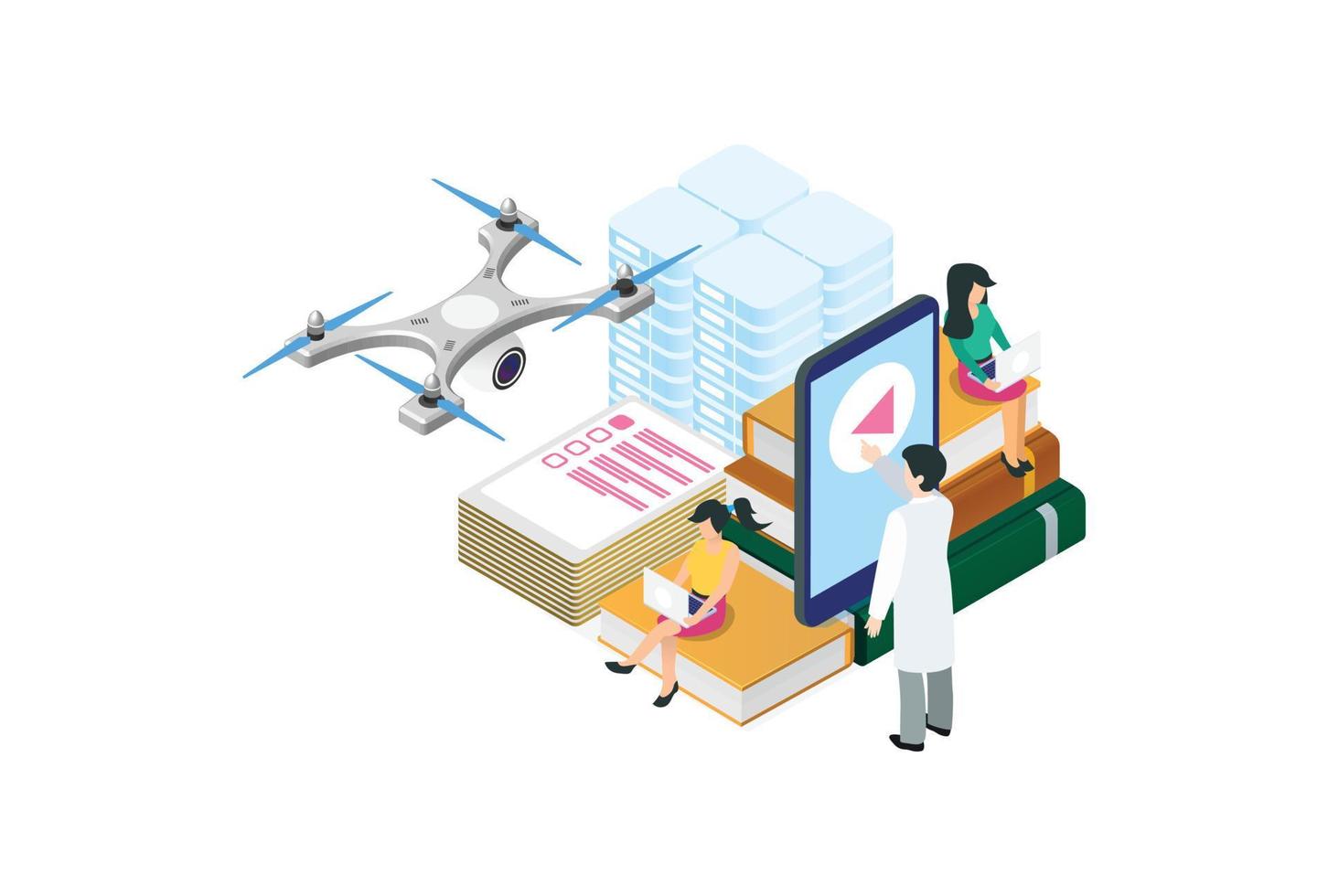Modern Isometric Dictionary, encyclopedia library, or web archive. Technology and literature, digital culture in the Cloud media library, Suitable for Diagrams, Infographics, And Other Graphic Asset vector