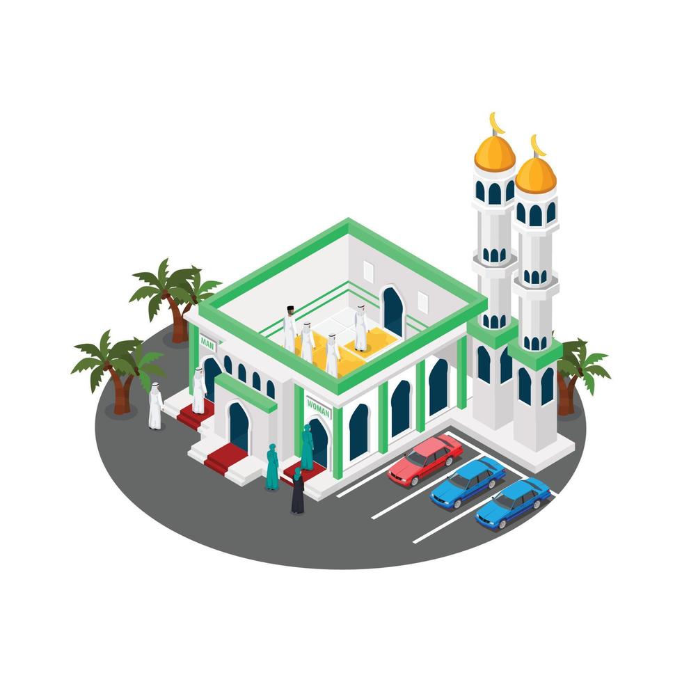 Vector isometric icon or infographic element representing mosque building with minaret illustration, Suitable for Diagrams, Infographics, Game Asset, And Other Graphic Related Assets