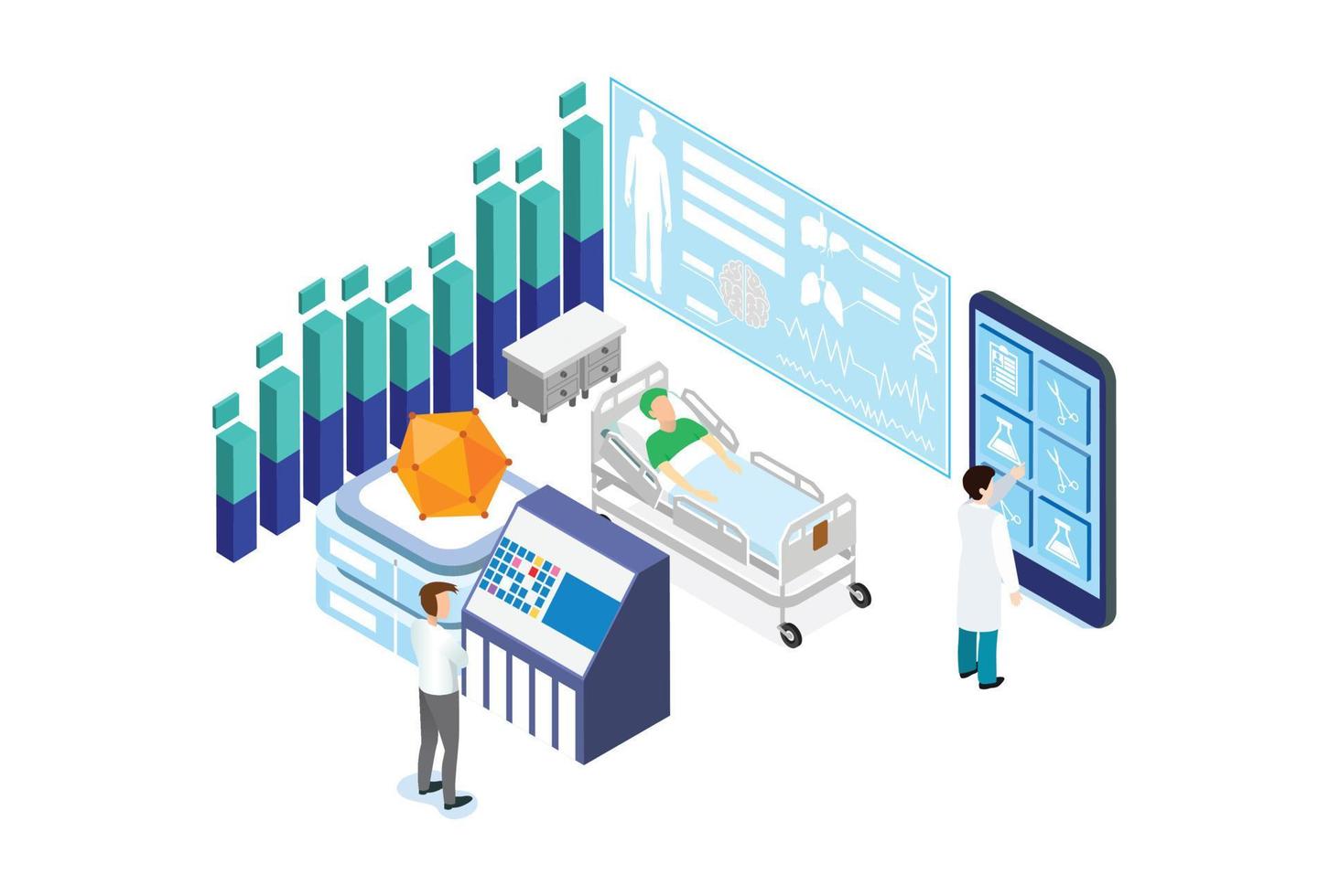 moderno isométrica médico hospital cama paciente habitación isométrico salud familia vida cuidado paciente enfermedad hospital. adecuado para diagramas, infografía, juego activo, y otro gráfico relacionado bienes vector