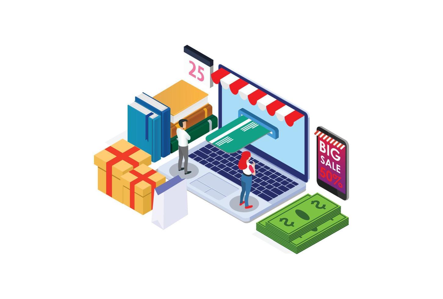 ilustración de entrega de compras en línea de comercio electrónico digital isométrica, adecuada para diagramas, infografías, ilustración de libros, activos de juegos y otros activos relacionados con gráficos vector