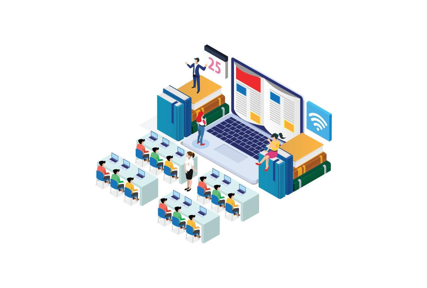 moderno isométrica en línea educación concepto con computadora portátil, adecuado para diagramas, infografía, juego activo, y otro gráfico relacionado bienes vector