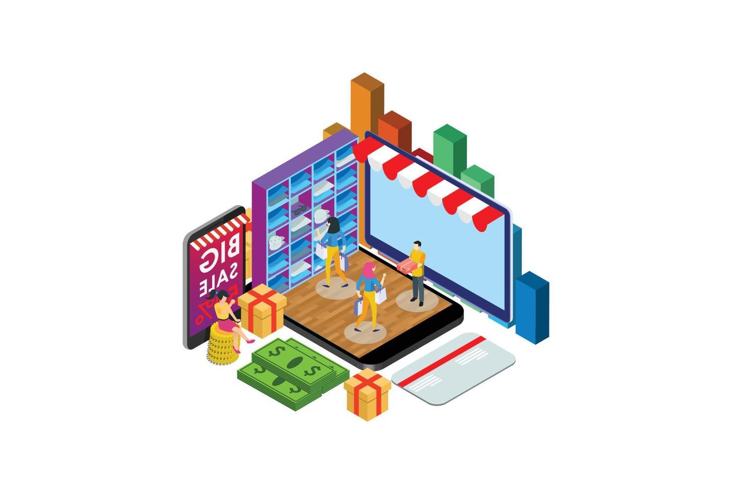 isometric Digital E-Commerce Online Shopping Delivery Illustration, Suitable for Diagrams, Infographics, Book Illustration, Game Asset, And Other Graphic Related Assets vector