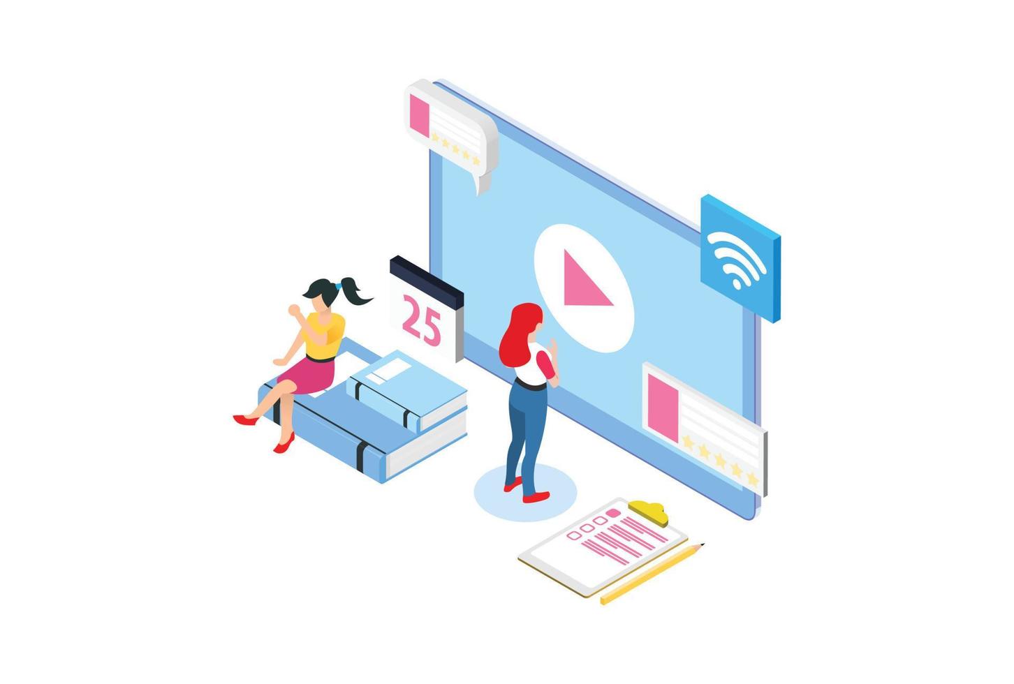 Modern Isometric Smart E-Learning Technology Illustration, Suitable for Diagrams, Infographics, Book Illustration, Game Asset, And Other Graphic Related Assets vector