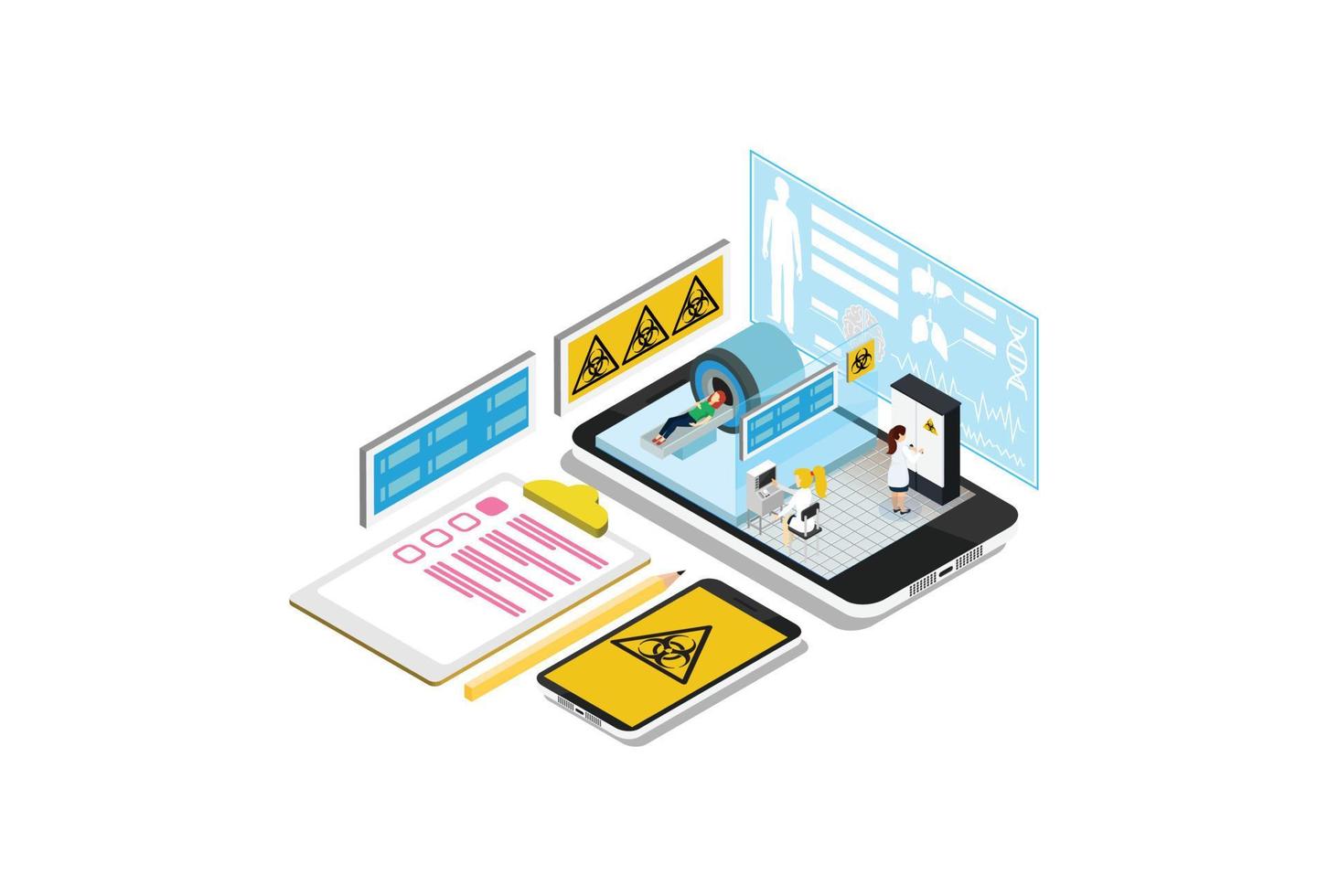 Modern isometric results of patient brain scan on the monitor screens in front of MRI machine with People lying down, Suitable for Diagrams, Infographics, Game Asset, And Other Graphic Related Asset vector