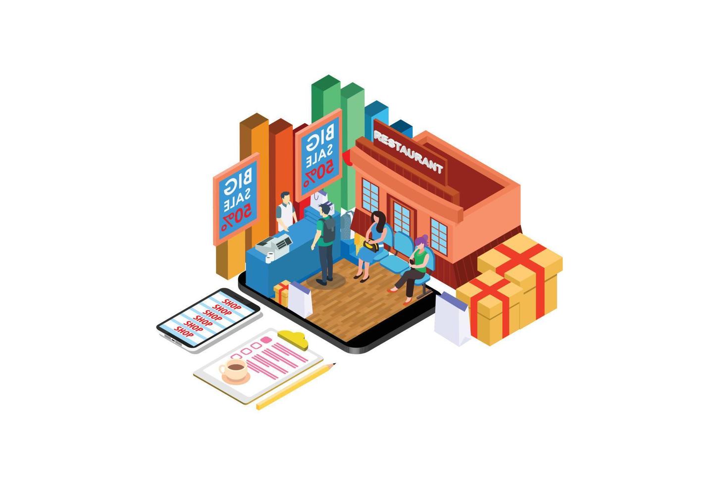 Modern Isometric Smart Cashless E-Payment Lifestyle, Suitable for Diagrams, Infographics, Illustration, And Other Graphic Related Assets vector