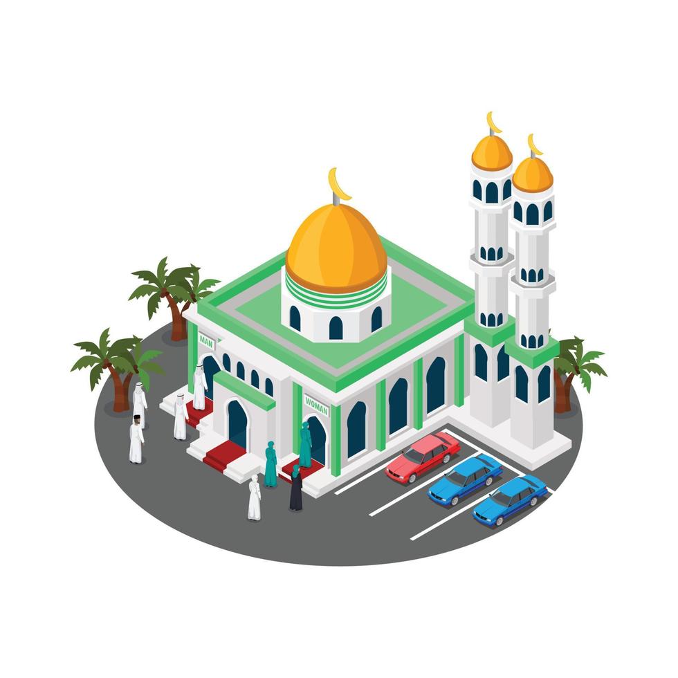 Vector isometric icon or infographic element representing mosque building with minaret illustration, Suitable for Diagrams, Infographics, Game Asset, And Other Graphic Related Assets