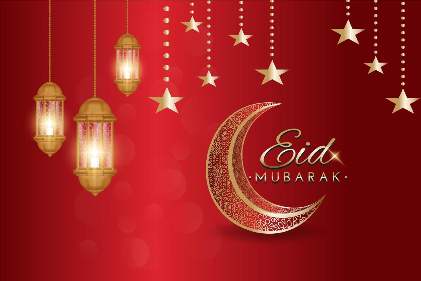 Eid Mubarak greeting card decorated with arabic lanterns, crescent moon and calligraphy vector