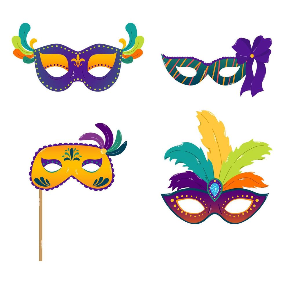 conjunto cuatro vistoso mascaras para mardi gras en plano estilo. vector ilustración. tradicional mascarada elementos. grasa martes. saludo tarjeta, bandera, póster.