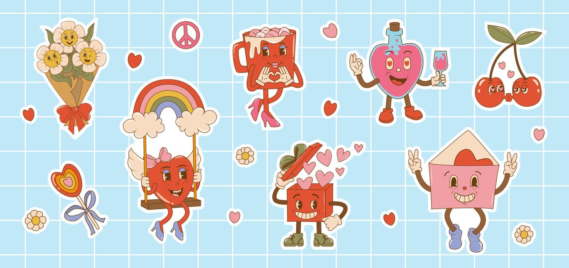 Set stickers groovy valentines day cartoon characters in 60s - 70s retro style. Vintage comic vector
