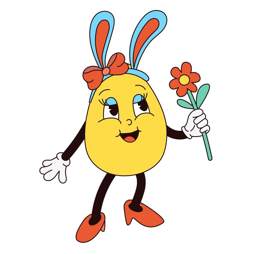 Retro groovy easter egg mascot in trendy cartoon 60s 70s style. Old classic cartoon style. Girl egg with flower and headband with rabbit ears. Flat vector illustration in yellow, red colors.