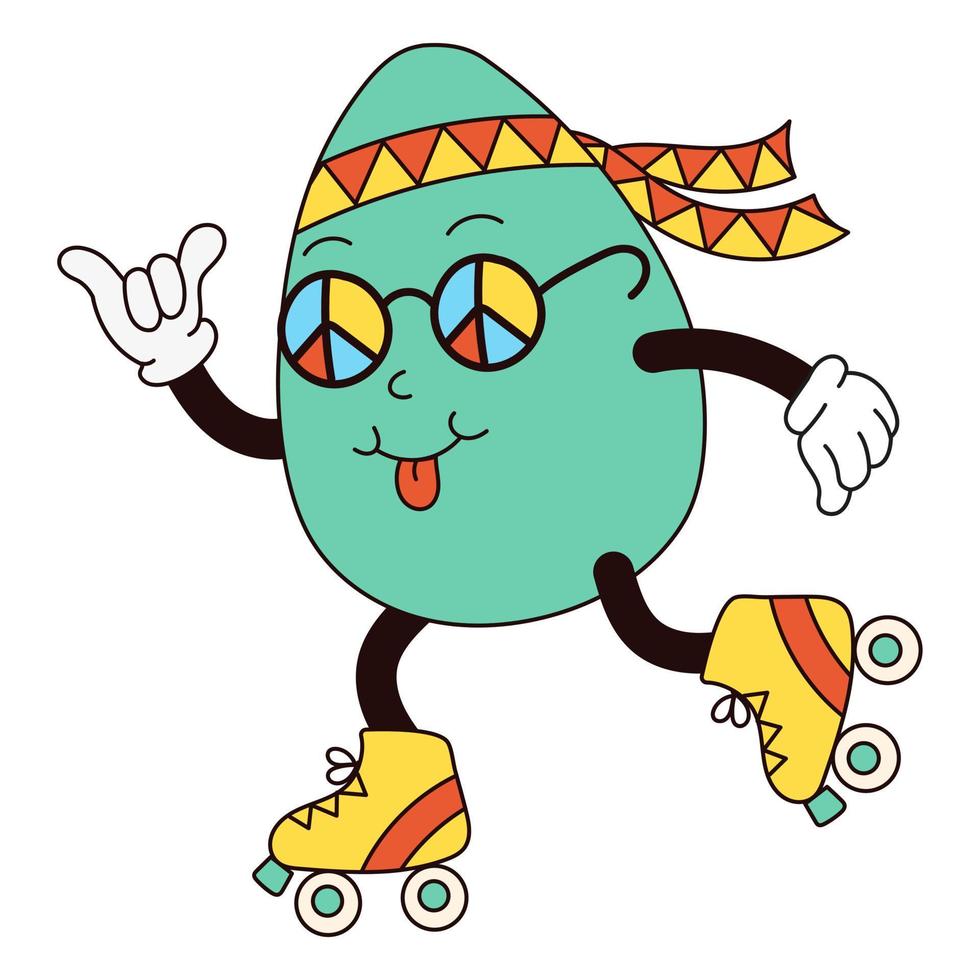 Retro groovy easter egg mascot in trendy cartoon 60s 70s style. Old classic cartoon style. Hippie egg with glasses and roller skates. Flat vector illustration in green colors.