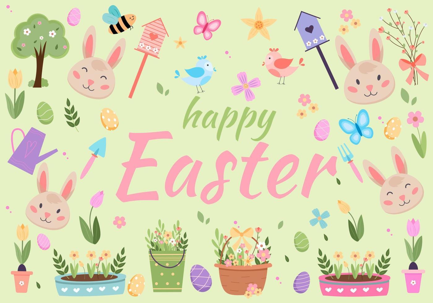 Easter spring vector with cute bunnies, eggs, birds, bees, butterflies. hand drawn flat cartoon elements.