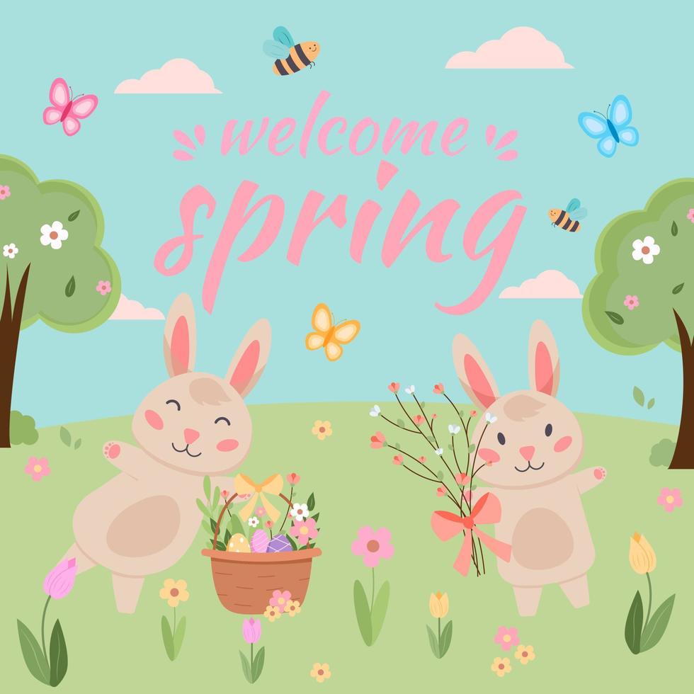 Easter spring vector with cute bunnies, eggs, birds, bees, butterflies. hand drawn flat cartoon elements.