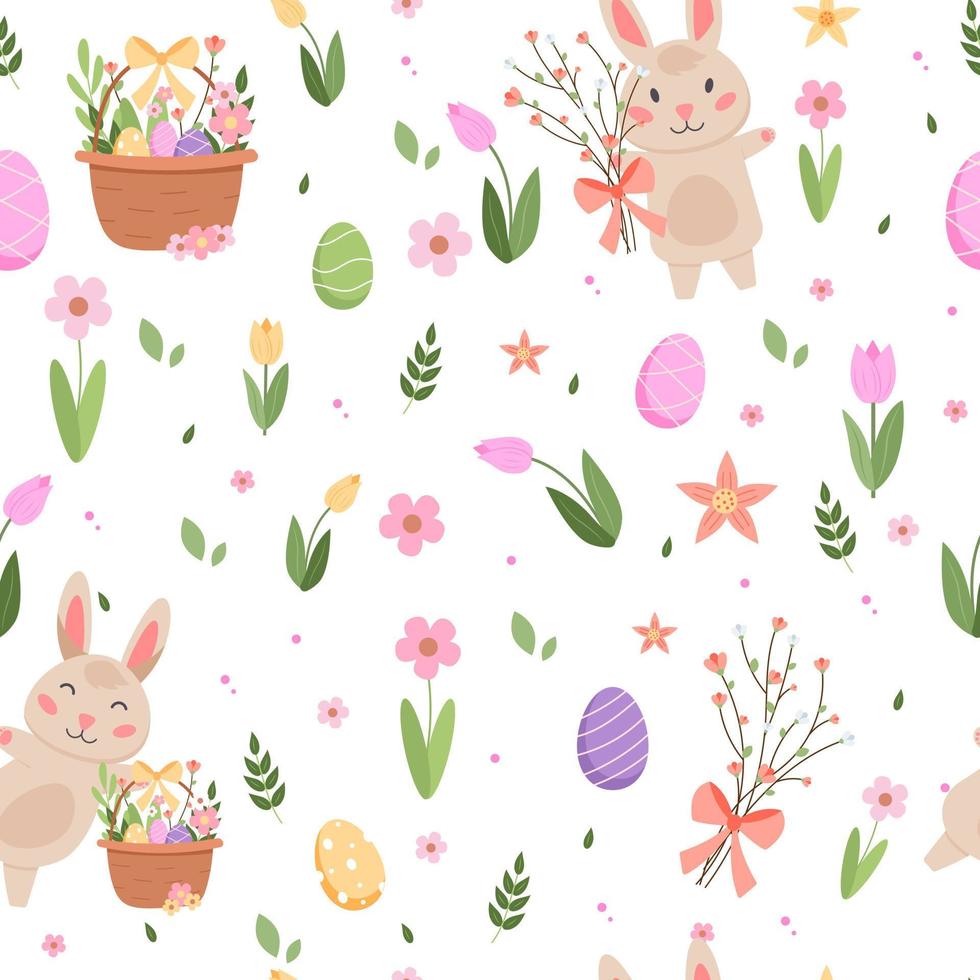 Easter spring pattern with cute bunnies, eggs, birds, bees, butterflies. hand drawn flat cartoon elements. vector