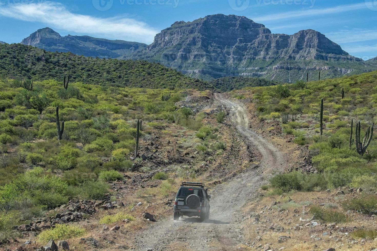 jeep car in baja california landscape panorama desert road with cortez sea on background photo