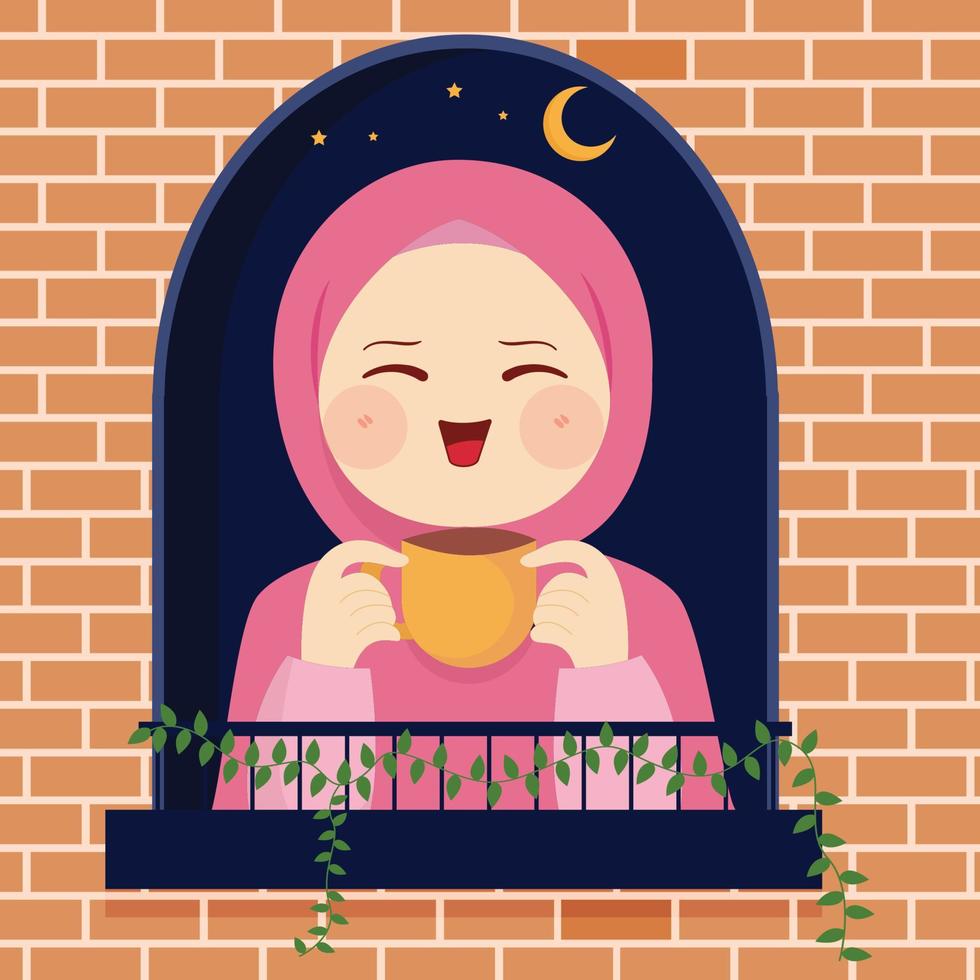 linda musulmán dibujos animados en frente de el ventana es disfrutando el noche de Ramadán con un hermosa y frio atmósfera plano vector ilustración