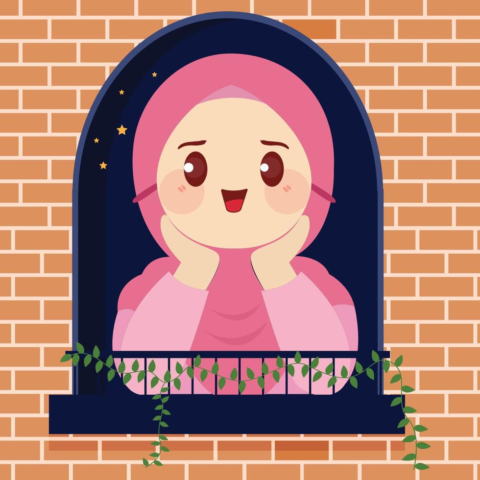 linda musulmán dibujos animados en frente de el ventana es disfrutando el noche de Ramadán con un hermosa y frio atmósfera plano vector ilustración