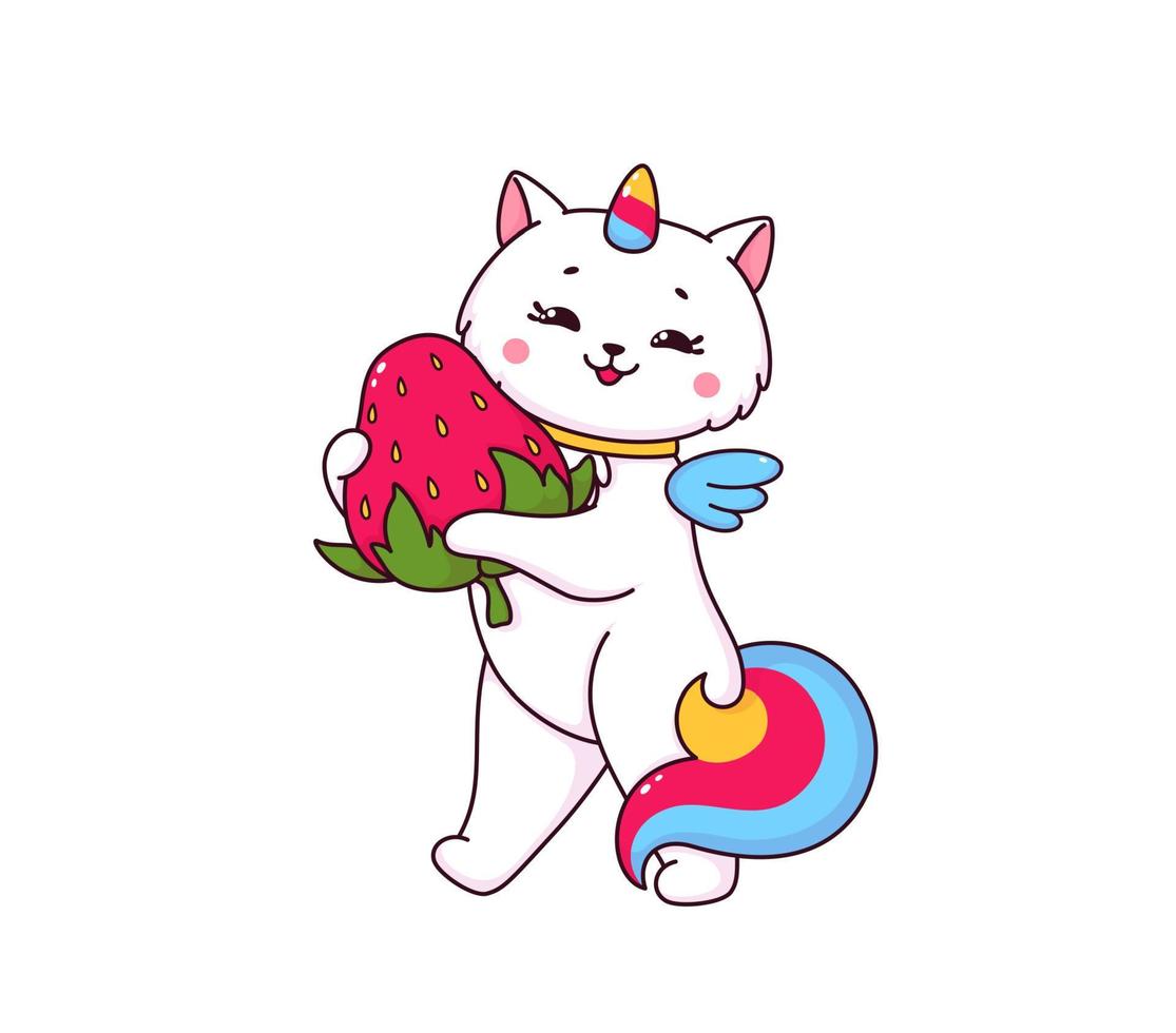 dibujos animados linda caticorn personaje con fresa vector