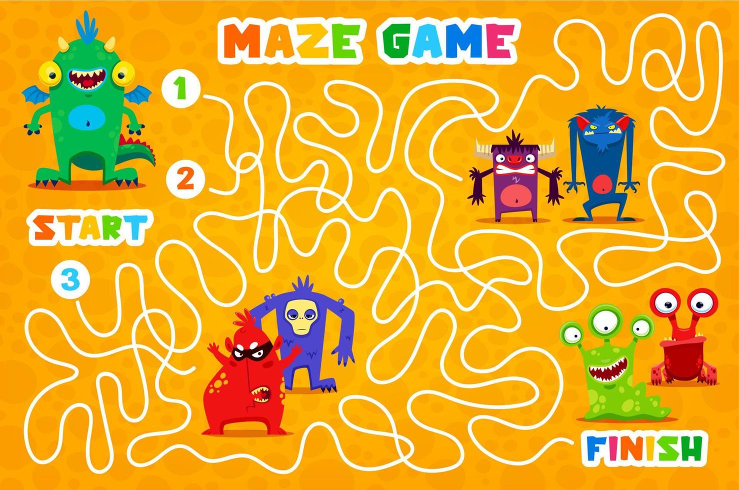 Labyrinth maze monster characters, kids board game vector