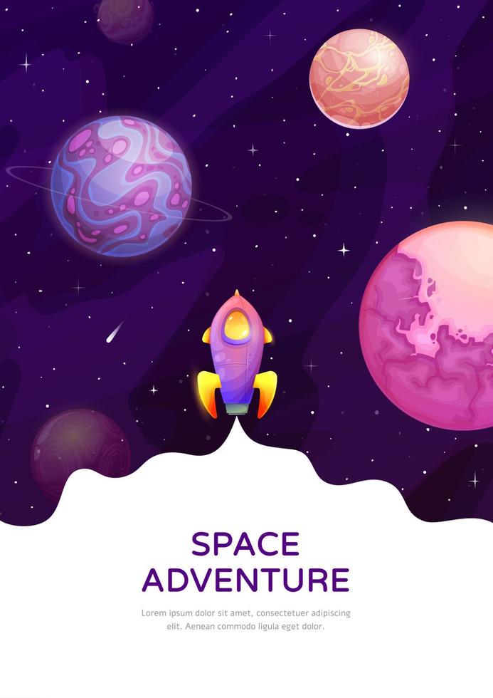 Space adventure, starry galaxy and rocket poster vector