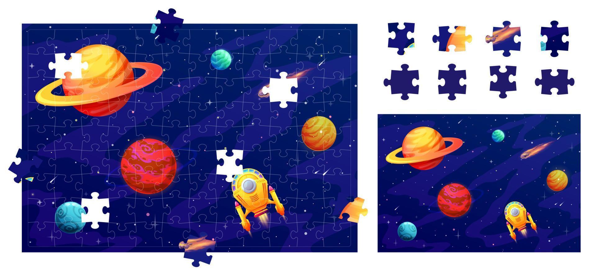 Jigsaw puzzle space game pieces, spaceship, stars vector