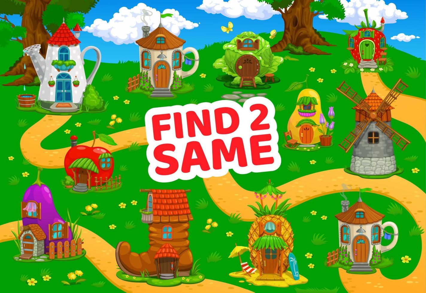 Find two same cartoon fairytale house buildings vector