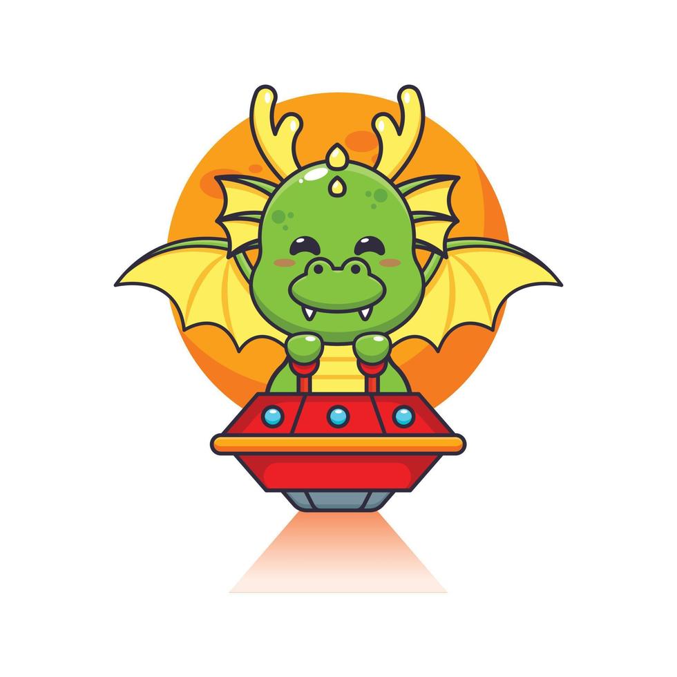 Cute dragon mascot cartoon character fly with ufo. vector