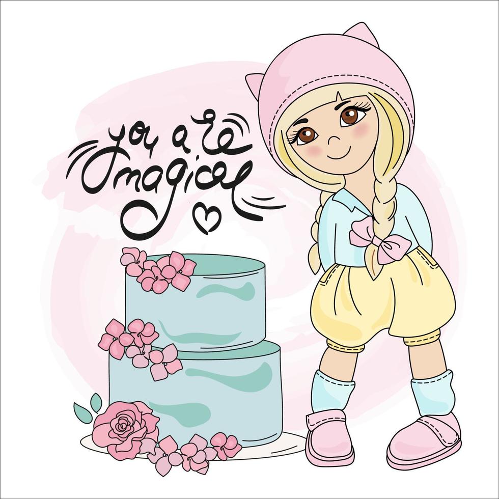 CAKE GIRL Cartoon Children Birthday Vector Illustration Set
