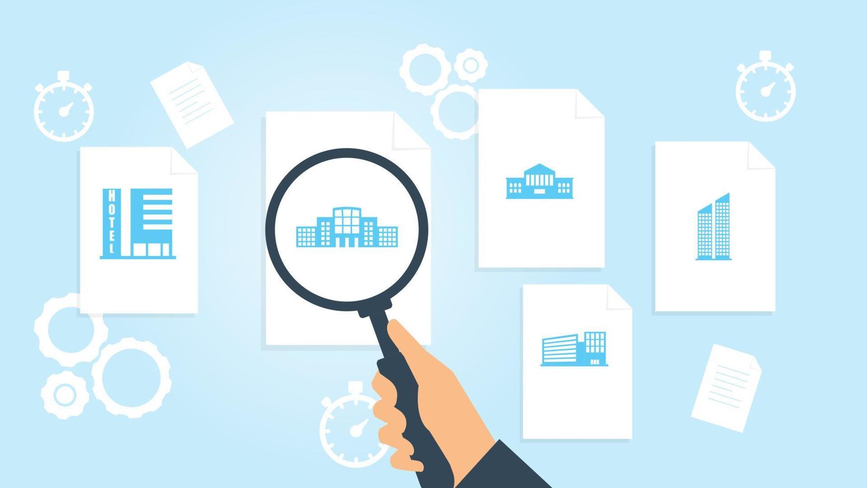 building file, document research vector illustration. Document with search icons. File and magnifying glass. Analytics research sign. Vector Illustration on white background