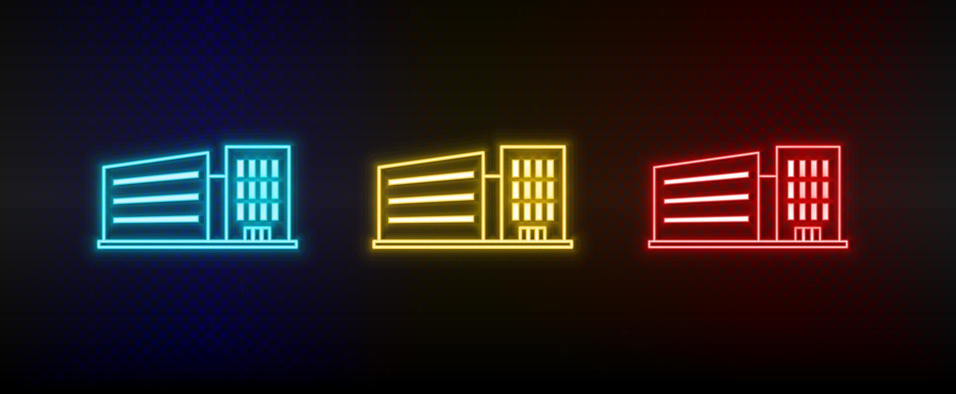 Neon icons. Building. Set of red, blue, yellow neon vector icon on dark background