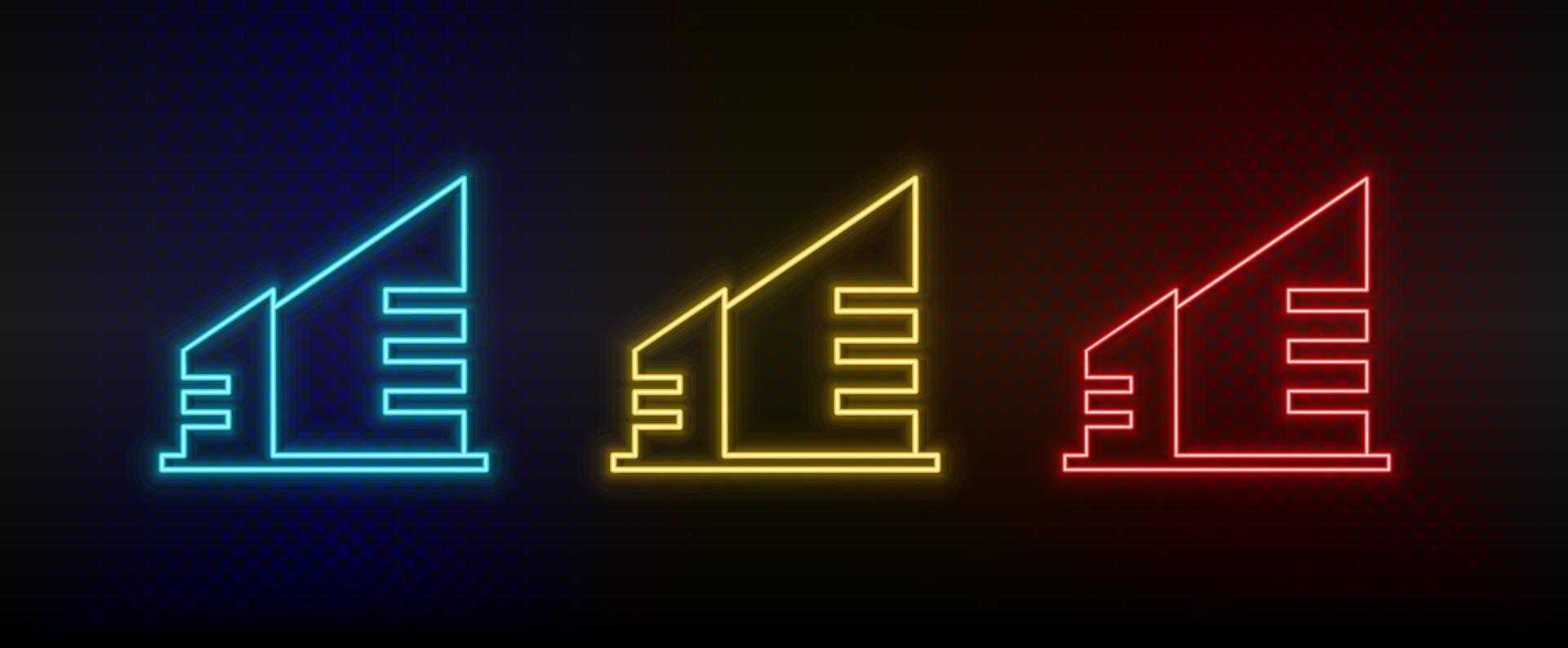 Neon icons. Building. Set of red, blue, yellow neon vector icon on dark background