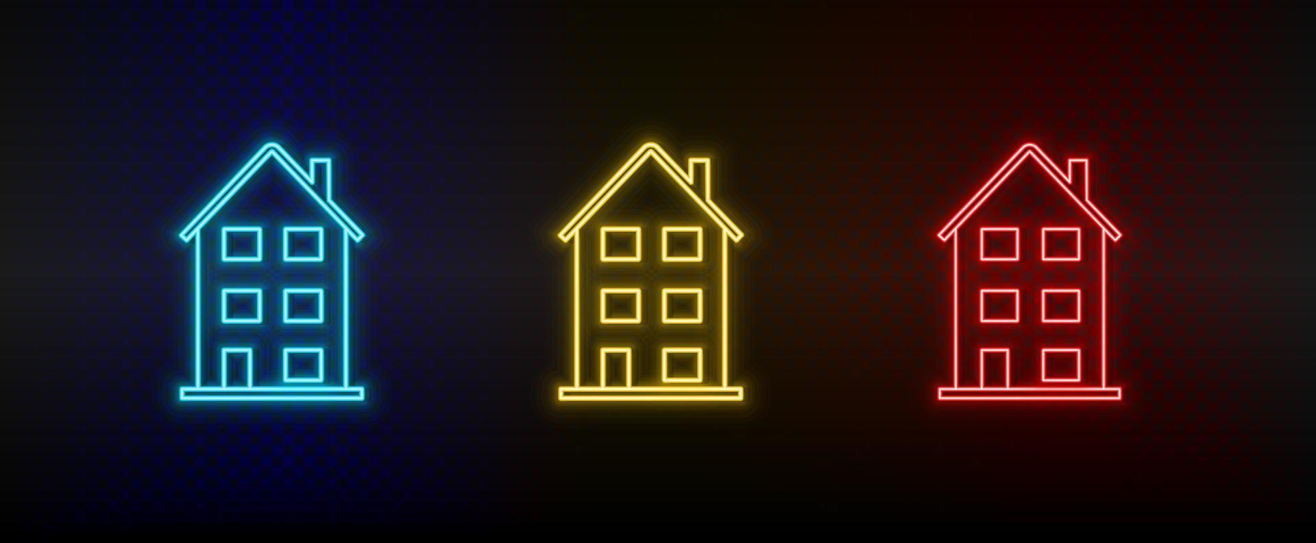 neón iconos edificio fábrica. conjunto de rojo, azul, amarillo neón vector icono en oscuro antecedentes