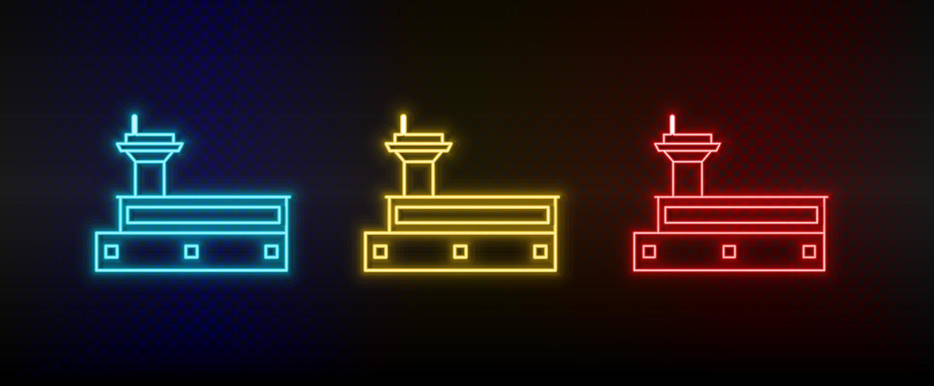 Neon icons. Building. Set of red, blue, yellow neon vector icon on dark background