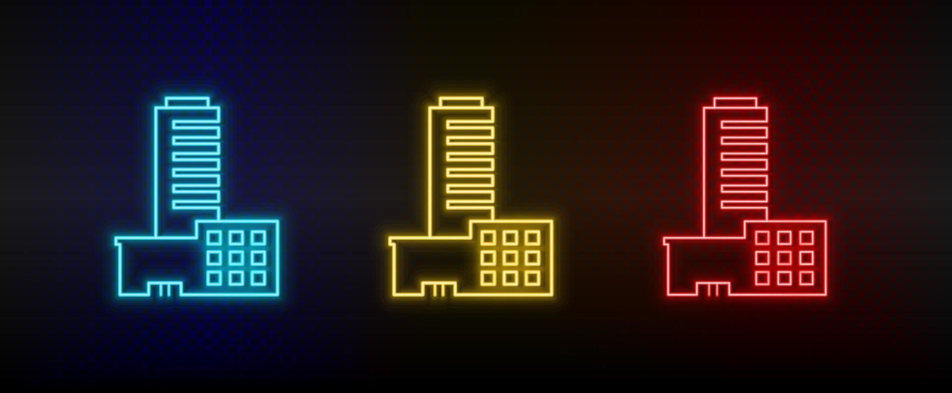 Neon icons. Building airport. Set of red, blue, yellow neon vector icon on dark background