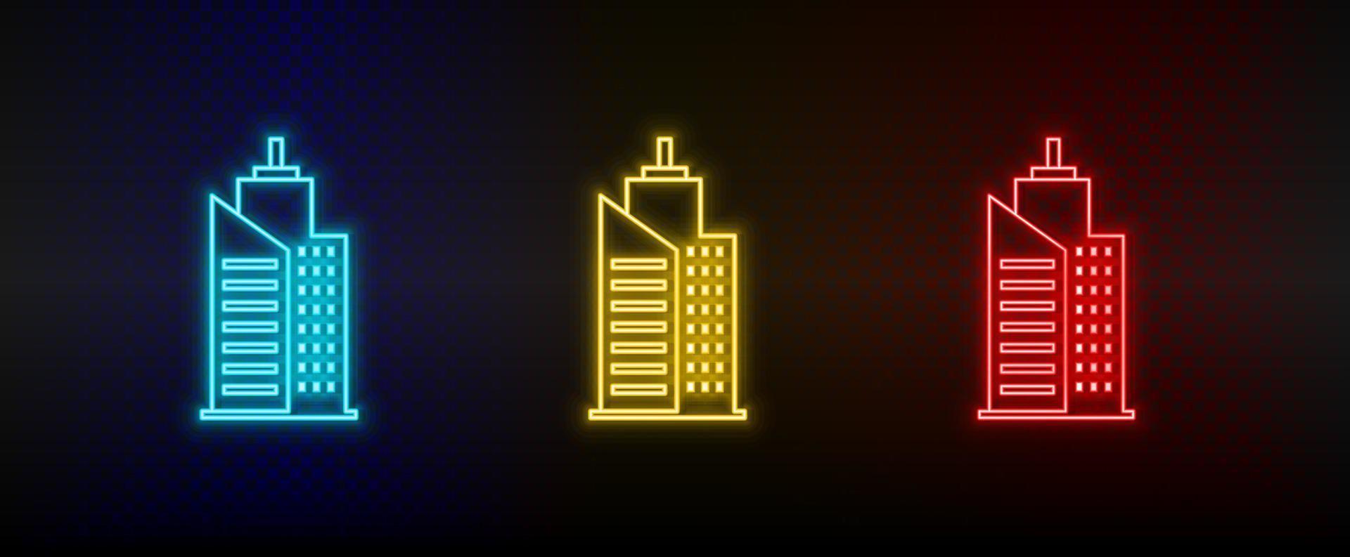Neon icons. Building hospital. Set of red, blue, yellow neon vector icon on dark background