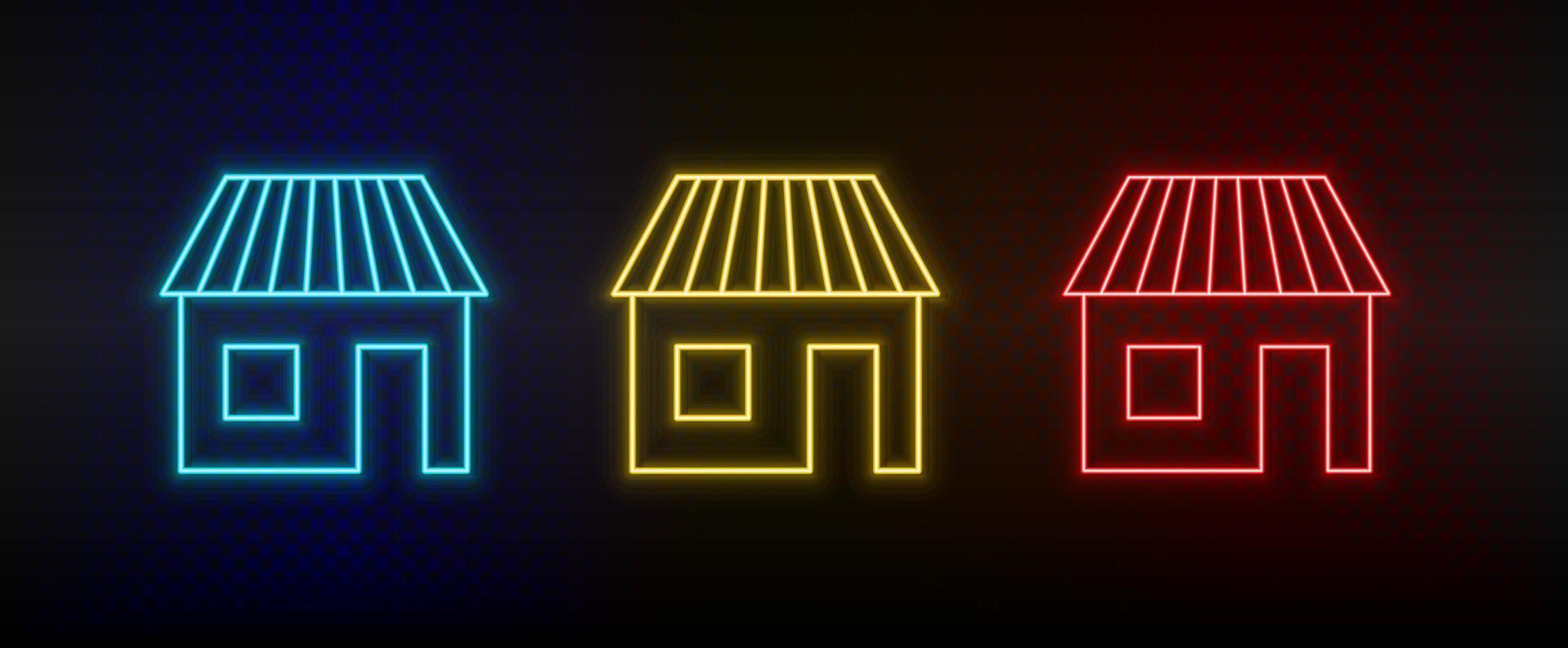 Neon icons. Building hotel. Set of red, blue, yellow neon vector icon on dark background