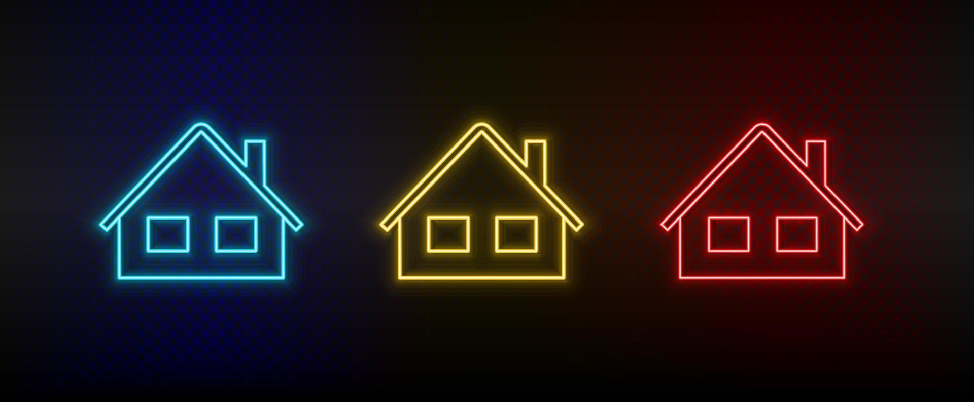Neon icons. Building. Set of red, blue, yellow neon vector icon on dark background